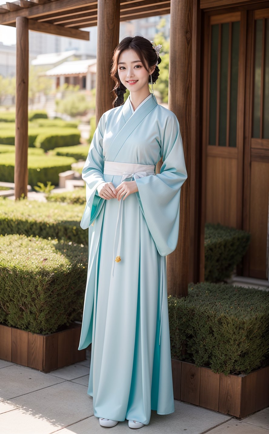 Hanbok, a gorgeous girl, smiling, white face, looking to viewer, (full_body shot:1.3), aesthetic, romance_mood ,kwon-nara,  
Background: spring garden, bright green