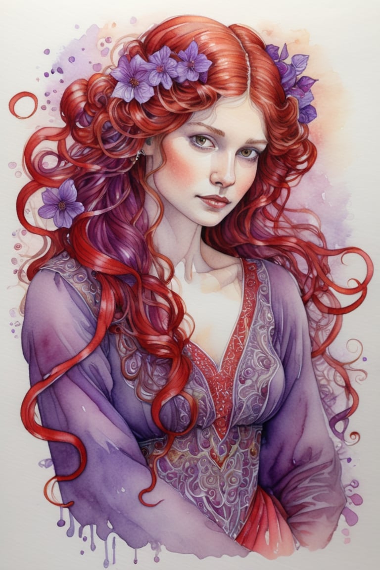 (watercolor drawing:1.4), portrait, beautiful girl, long flowing curly auburn hair,
 (Background  : smuggled and spread with red and purple colors:1.4)
floral embroidery,high detail, intricate details, elegant, aesthetic, lineout, high quality, work of art, hyper-detailed, professional, filigree, hazy, super-detailed, muted colors, style Stephanie Law and Alphonse Mucha and Carne Griffiths,art,ink , puple diluted 