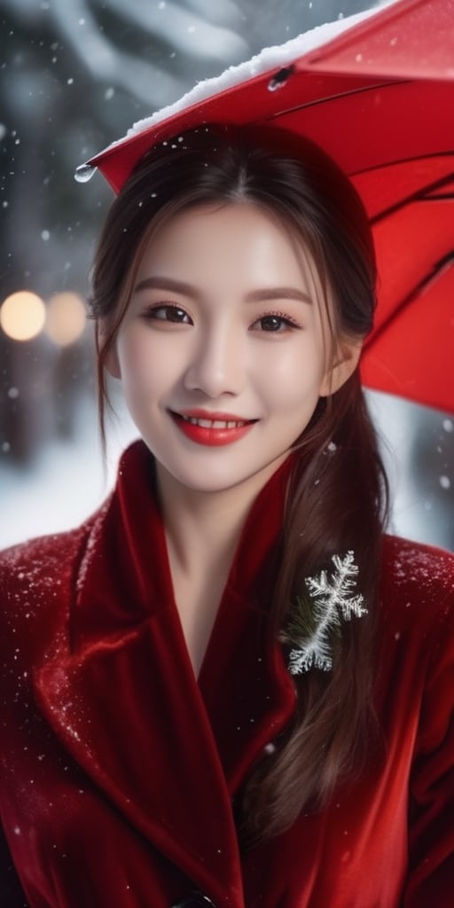 Generate hyper realistic image of a scene featuring a woman in a stylish red velvet jumpsuit, smiling under red umbrella, frontal shot, surrounded by a winter wonderland with snow-covered trees and sparkling icicles, capturing the magic of a snowy Christmas evening.Extremely Realistic, up close, ,Masterpiece,r4w photo,koh_yunjung