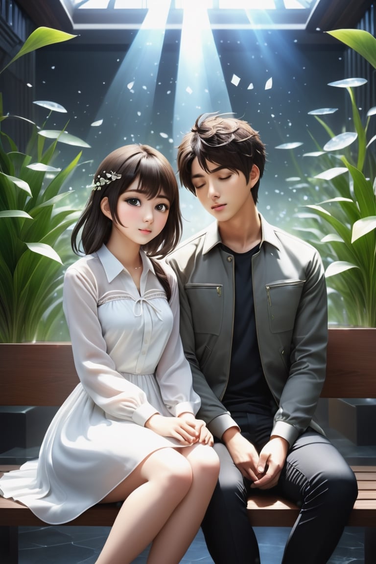 (Masterpiece, Best Quality: 1.5), Alpacifista. a stunningly amazingly adorable big-eyes ((Taiwanese-teenage-couple)), who look like (sakimichan and makoto shinkai),1girl, long hair, short hair, bangs, brown hair, shirt, black hair, long sleeves, 1boy, dress, sitting, closed mouth, jacket, closed eyes, hetero, socks, pants, indoors, white dress, blurry, book, black shirt, depth of field, holding hands, black pants, sleeping, plant, blurry foreground, photo \(object\), intricate detail, very high detailed CG illustration, sharp background, mysticism, (magic), 32K quality couple close-up, 32K, 32K (beautifully detailed face and fingers), (five fingers) on each hand, creative fantasy glow effect,DonM3lv3nM4g1cXL,shards,glass,brocken glass,transparent glass,pieces of glass