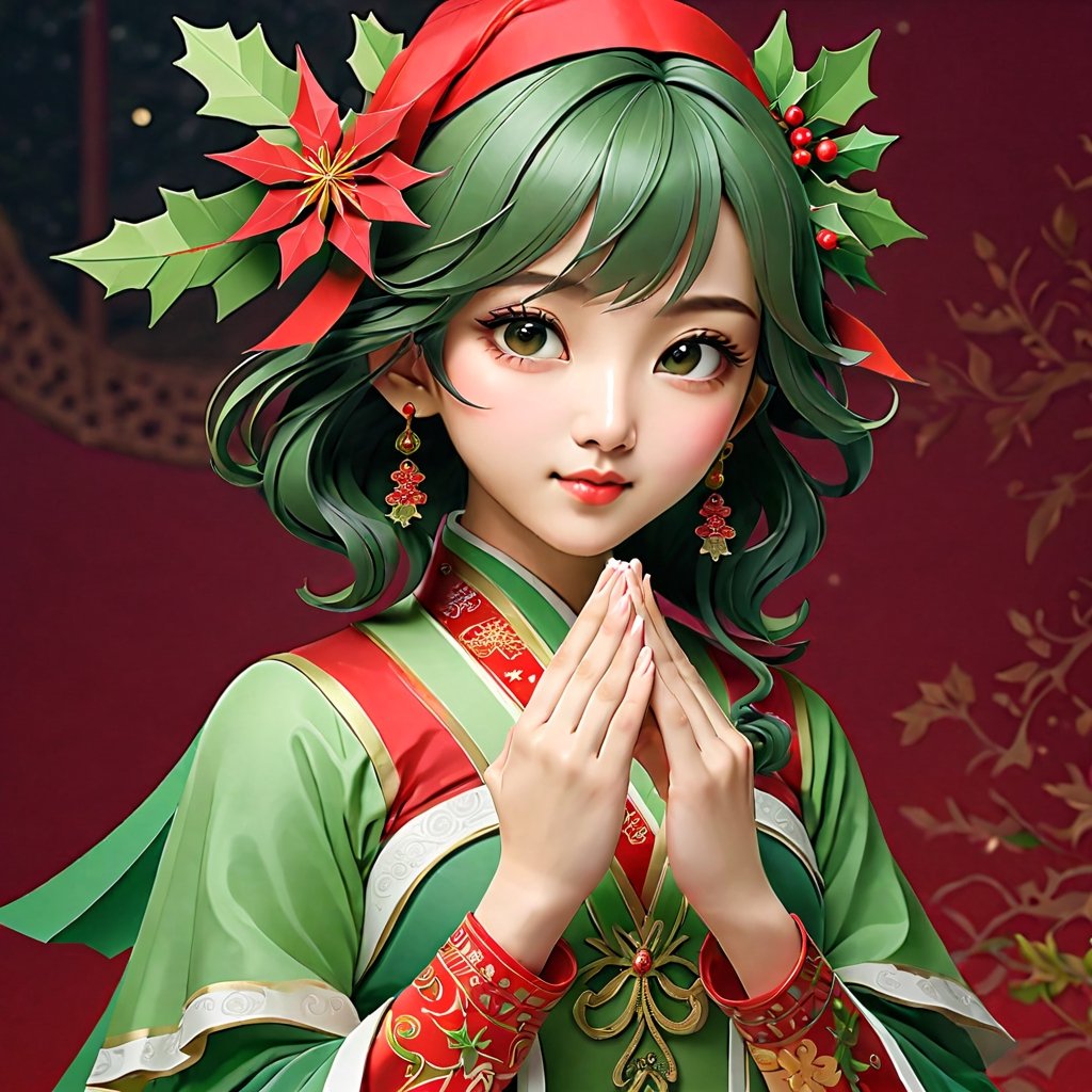 (Masterpiece, Best Quality: 1.5), Intricate paper sculpture, Christmas line art, 16K photo quality, a beautiful Christmas Taiwanese girl, whole body, 16K quality, (detailed beautifully face and fingers), (five fingers) each hand, mysterious, clean background,ral-chrcrts