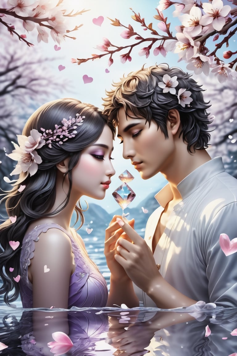 (Masterpiece, Best Quality: 1.5), Intricate Paper Sculpture, Magical Fantasy Sweet Valentine Line Art, Alpacifista. adorable Taiwanes teenage couple, solo, flower, water, black eyes, petals, cherry blossoms, reflection, branch, ripples, pale purple filter, intricate detail, very high detail, sharp background, mysticism, (magic), 32K quality, (beautifully detailed face and fingers), (five fingers) on each hand, creative fantasy glow effect,DonM3lv3nM4g1cXL,shards,glass,brocken glass,transparent glass,pieces of glass