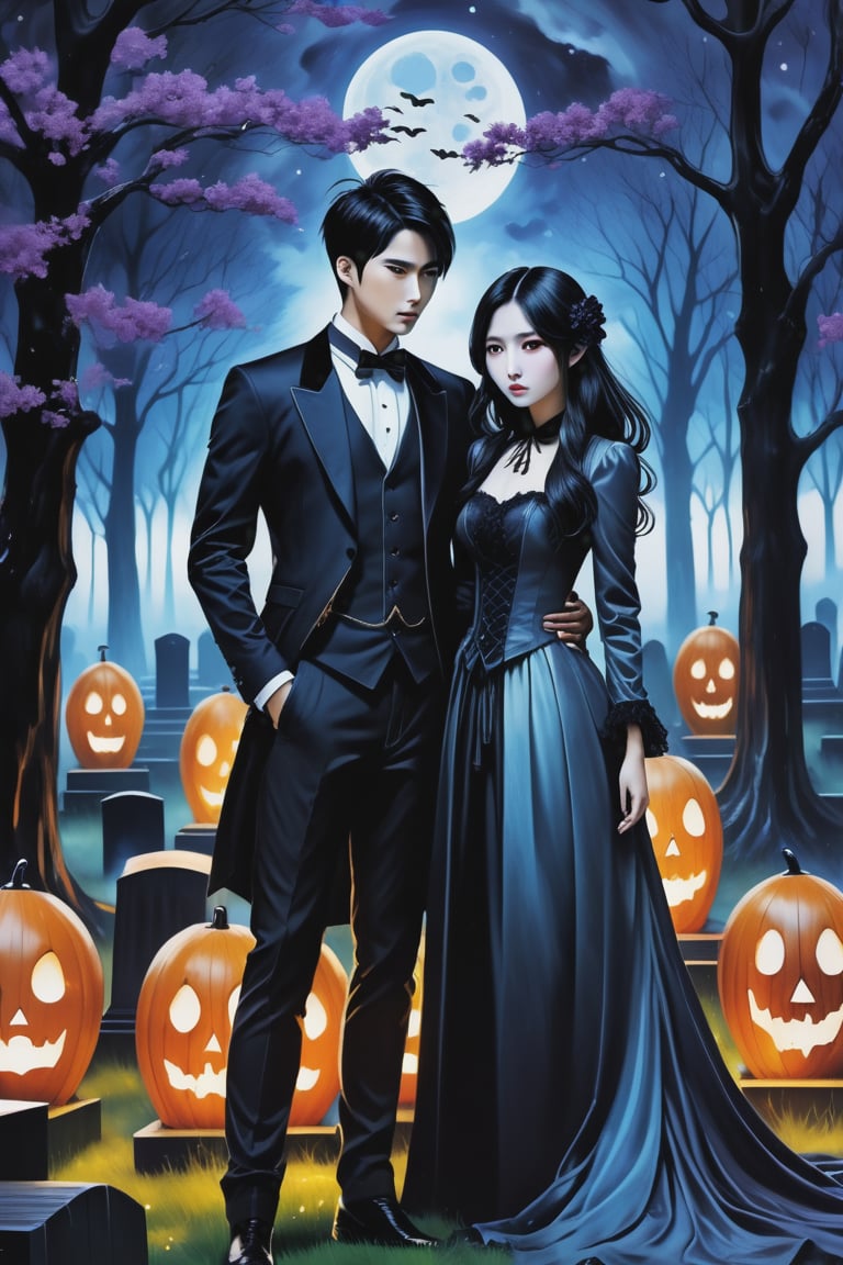 (Fidelity: 1.0), (Masterpiece, Best Quality: 1.5), Create a 32K 3D fantasy alcohol ink art of an aesthetic gothic Taiwanese manga scene. It's a spooky night during Ghost Month: a close-up of a young, adorable Taiwanese couple in a park. Suddenly, thousands of coffins appear without a sign, surrounding the couple in the eerie darkness. The background and atmosphere should echo the emotional intensity and swirling, chaotic elements reminiscent of "The Scream" by Edvard Munch. Ensure exquisite quality and a haunting, yet beautiful, blend of both styles