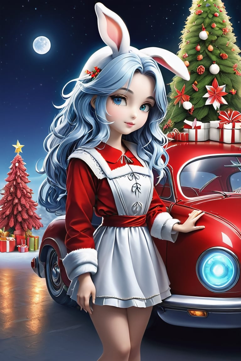 (Masterpiece, Best Quality: 1.5), Intricate paper sculpture, Christmas line art, a beautiful Christmas Taiwanese girl standing next to a future styled Christmas rabbit car, magic, 8K quality, (detailed beautifully face and fingers), (five fingers) each hand, mysterious, moonster,moonster,ral-chrcrts,styr,IncrsXLRanni