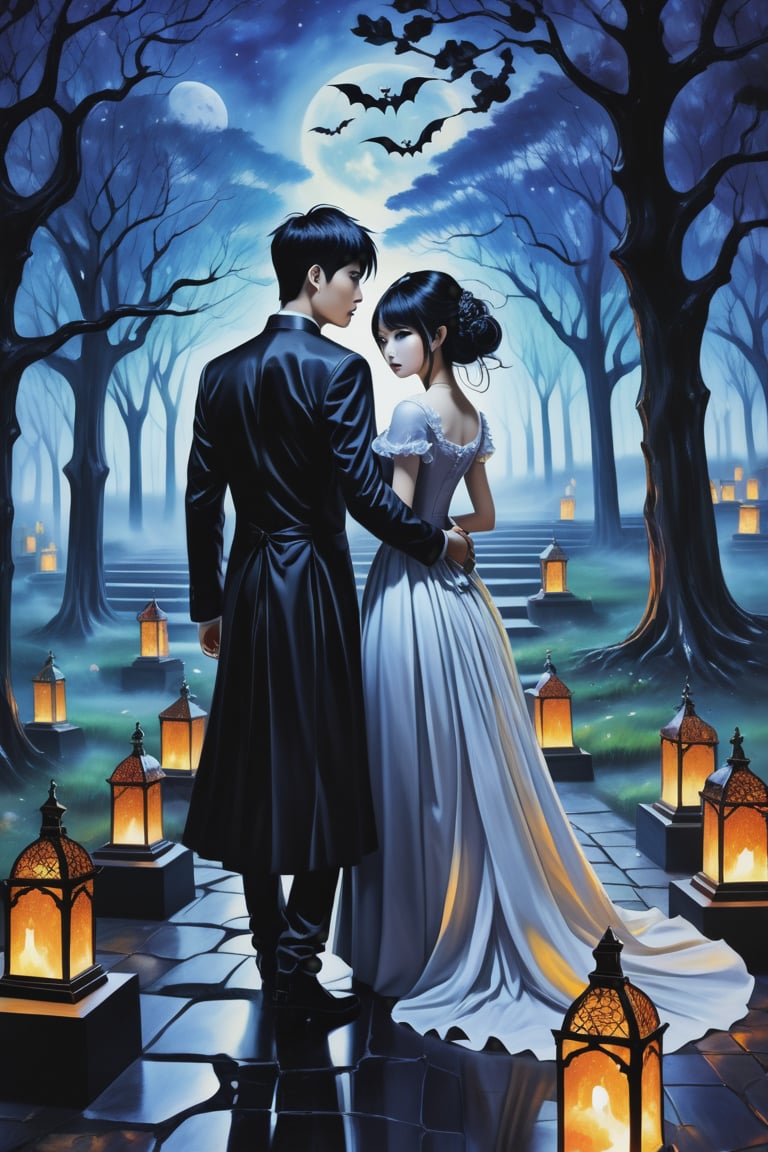 (Fidelity: 1.0), (Masterpiece, Best Quality: 1.5), Create a 32K 3D fantasy alcohol ink art of an aesthetic gothic Taiwanese manga scene. It's a spooky night during Ghost Month: a close-up of a young, adorable Taiwanese couple in a park. Suddenly, thousands of coffins appear without a sign, surrounding the couple in the eerie darkness. The background and atmosphere should echo the emotional intensity and swirling, chaotic elements reminiscent of "The Scream" by Edvard Munch. Ensure exquisite quality and a haunting, yet beautiful, blend of both styles