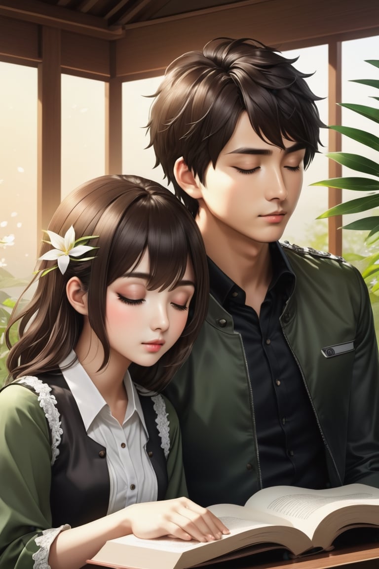 (Masterpiece, Best Quality: 1.5), Alpacifista. a stunningly amazingly adorable big-eyes ((Taiwanese-teenage-couple)), who look like (sakimichan and makoto shinkai),1girl, long hair, short hair, bangs, brown hair, shirt, black hair, long sleeves, 1boy, dress, sitting, closed mouth, jacket, closed eyes, hetero, socks, pants, indoors, white dress, blurry, book, black shirt, depth of field, holding hands, black pants, sleeping, plant, blurry foreground, photo \(object\), intricate detail, very high detailed CG illustration, sharp background, mysticism, (magic), 32K quality couple close-up, 32K, 32K (beautifully detailed face and fingers), (five fingers) on each hand, creative fantasy glow effect,DonM3lv3nM4g1cXL,shards,glass,brocken glass