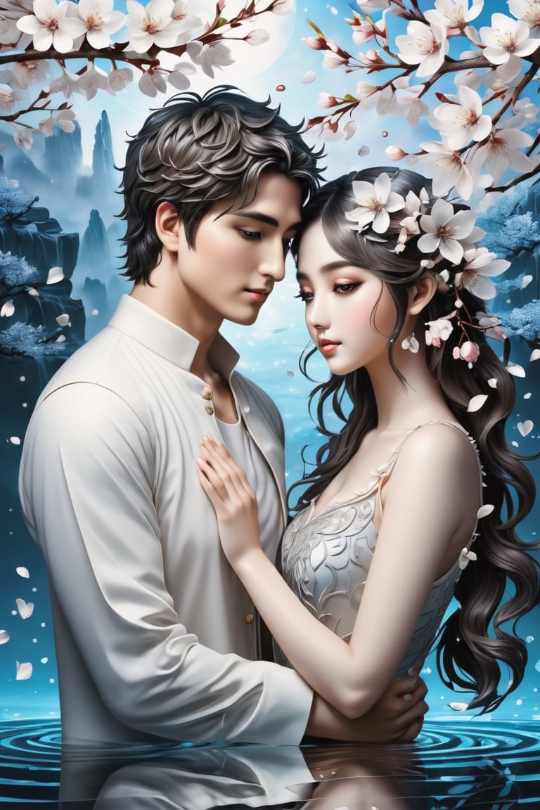 (Masterpiece, Best Quality: 1.5), Intricate Paper Sculpture, Magical Fantasy Sweet Valentine Line Art, Alpacifista. adorable Taiwanes teenage couple, solo, flower, water, black eyes, petals, cherry blossoms, reflection, branch, ripples, intricate detail, very high detail, sharp background, mysticism, (magic), 32K quality, (beautifully detailed face and fingers), (five fingers) on each hand, creative fantasy glow effect,DonM3lv3nM4g1cXL,shards,glass,brocken glass,transparent glass,pieces of glass