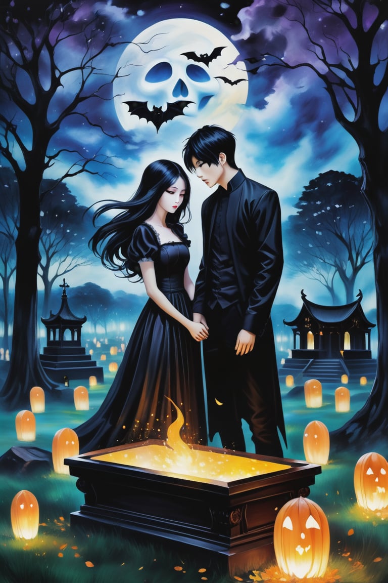 (Fidelity: 1.0), (Masterpiece, Best Quality: 1.5), Create a 32K 3D fantasy alcohol ink art of an aesthetic gothic Taiwanese manga scene. It's a spooky night during Ghost Month: a close-up of a young, adorable Taiwanese couple in a park. Suddenly, thousands of coffins appear without a sign, surrounding the couple in the eerie darkness. The background and atmosphere should echo the emotional intensity and swirling, chaotic elements reminiscent of "The Scream" by Edvard Munch. Ensure exquisite quality and a haunting, yet beautiful, blend of both styles