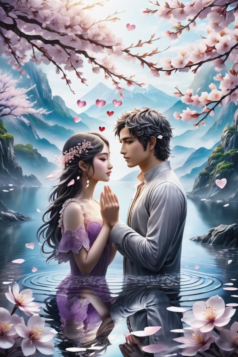 (Masterpiece, Best Quality: 1.5), Intricate Paper Sculpture, Magical Fantasy Sweet Valentine Line Art, Alpacifista. adorable Taiwanes teenage couple, solo, flower, water, black eyes, petals, cherry blossoms, reflection, branch, ripples, pale purple filter, intricate detail, very high detail, sharp background, mysticism, (magic), 32K quality, (beautifully detailed face and fingers), (five fingers) on each hand, creative fantasy glow effect,DonM3lv3nM4g1cXL,shards,glass,brocken glass,transparent glass,pieces of glass