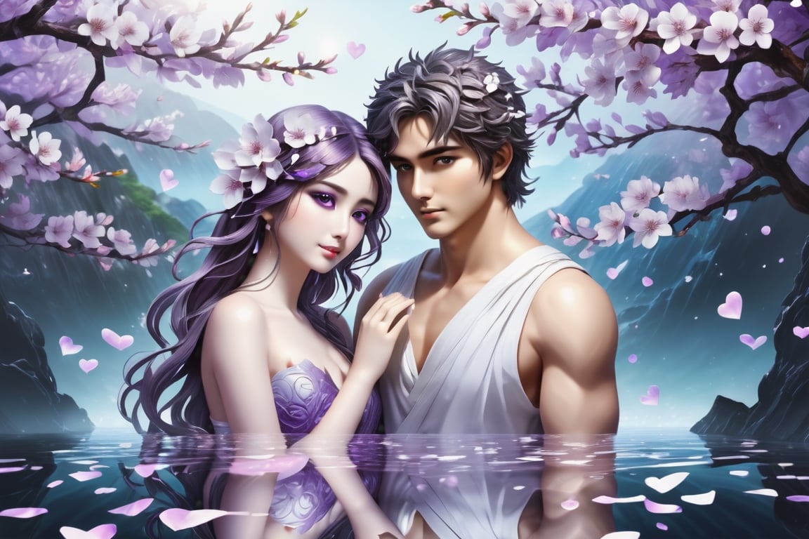 (Masterpiece, Best Quality: 1.5), Intricate Paper Sculpture, Magical Fantasy Sweet Valentine Line Art, Alpacifista. adorable Taiwanes teenage couple, solo, flower, water, black eyes, petals, purple cherry blossoms, reflection, branch, ripples, pale purple filter, intricate detail, very high detail, sharp background, mysticism, (magic), 32K quality, (beautifully detailed face and fingers), (five fingers) on each hand, creative fantasy glow effect,DonM3lv3nM4g1cXL,shards,glass,brocken glass,transparent glass,pieces of glass