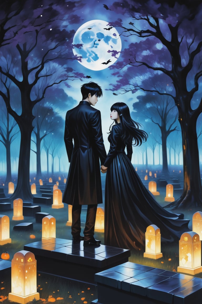 (Fidelity: 1.0), (Masterpiece, Best Quality: 1.5), Create a 32K 3D fantasy alcohol ink art of an aesthetic gothic Taiwanese manga scene. It's a spooky night during Ghost Month: a close-up of a young, adorable Taiwanese couple in a park. Suddenly, thousands of coffins appear without a sign, surrounding the couple in the eerie darkness. The background and atmosphere should echo the emotional intensity and swirling, chaotic elements reminiscent of "The Scream" by Edvard Munch. Ensure exquisite quality and a haunting, yet beautiful, blend of both styles