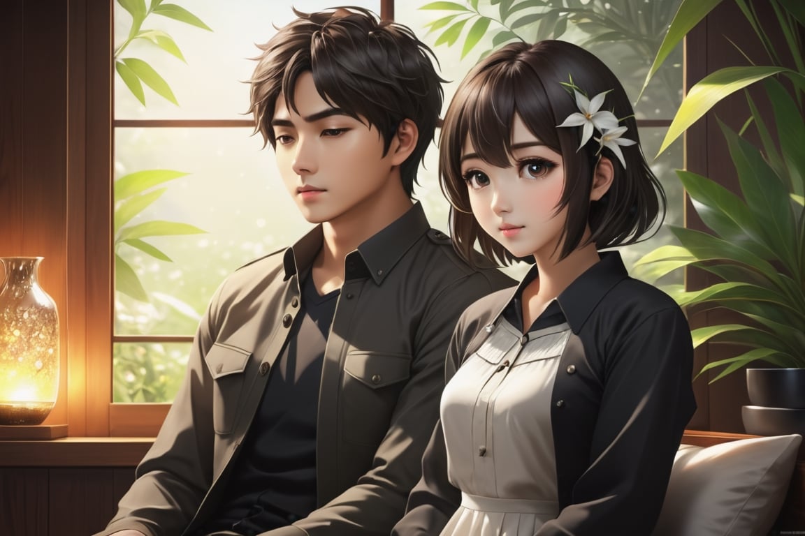 (Masterpiece, Best Quality: 1.5), Alpacifista. a stunningly amazingly adorable big-eyes ((Taiwanese-teenage-couple)), who look like (sakimichan and makoto shinkai),1girl, long hair, short hair, bangs, brown hair, shirt, black hair, long sleeves, 1boy, dress, sitting, closed mouth, jacket, closed eyes, hetero, socks, pants, indoors, white dress, blurry, book, black shirt, depth of field, holding hands, black pants, sleeping, plant, blurry foreground, photo \(object\), intricate detail, very high detailed CG illustration, sharp background, mysticism, (magic), 32K quality couple close-up, 32K, 32K (beautifully detailed face and fingers), (five fingers) on each hand, creative fantasy glow effect,DonM3lv3nM4g1cXL,shards,glass,brocken glass,transparent glass,pieces of glass