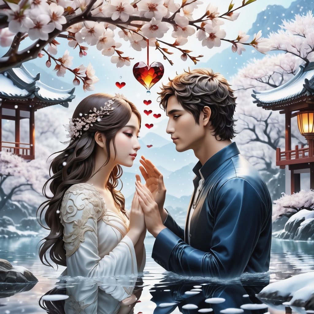 (Masterpiece, Best Quality: 1.5), Intricate Paper Sculpture, Magical Fantasy Sweet Valentine Line Art, Alpacifista. adorable Taiwanes teenage couple, solo, flower, water, brown eyes, petals, snowy cherry blossoms, reflection, branch, ripples, snowing white filter, intricate detail, very high detail, sharp background, mysticism, (magic), 32K quality, (beautifully detailed face and fingers), (five fingers) on each hand, creative fantasy glow effect,DonM3lv3nM4g1cXL,shards,glass,brocken glass,transparent glass,pieces of glass