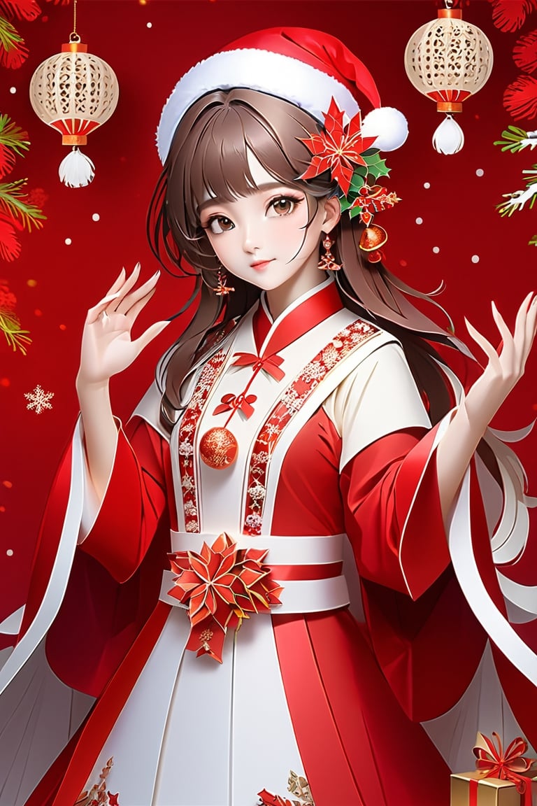 (Masterpiece, Best Quality: 1.5), Intricate paper sculpture, Christmas line art, 16K photo quality, a beautiful Christmas Taiwanese girl, whole body, 16K quality, (detailed beautifully face and fingers), (five fingers) each hand, mysterious, clean background