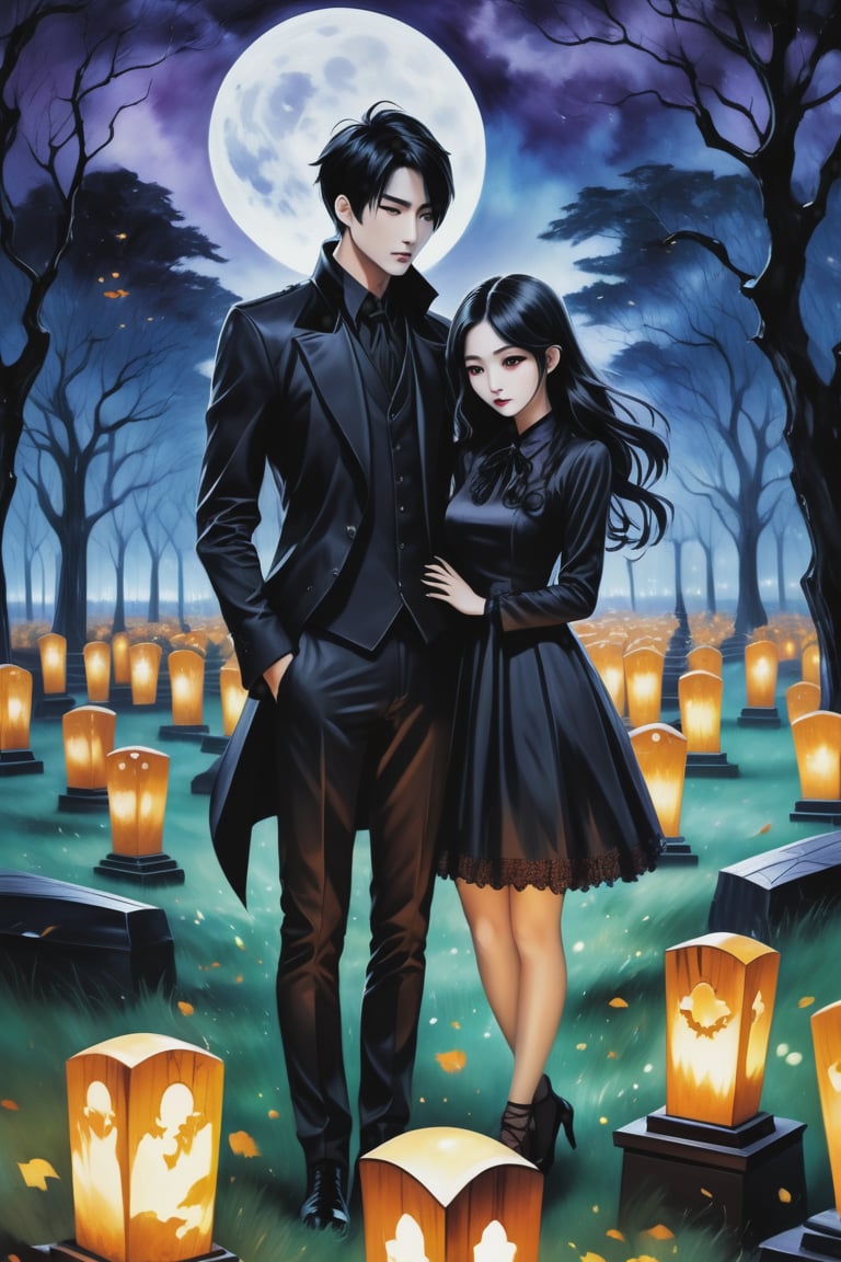 (Fidelity: 1.0), (Masterpiece, Best Quality: 1.5), Create a 32K 3D fantasy alcohol ink art of an aesthetic gothic Taiwanese manga scene. It's a spooky night during Ghost Month: a close-up of a young, adorable Taiwanese couple in a park. Suddenly, thousands of coffins appear without a sign, surrounding the couple in the eerie darkness. The background and atmosphere should echo the emotional intensity and swirling, chaotic elements reminiscent of "The Scream" by Edvard Munch. Ensure exquisite quality and a haunting, yet beautiful, blend of both styles