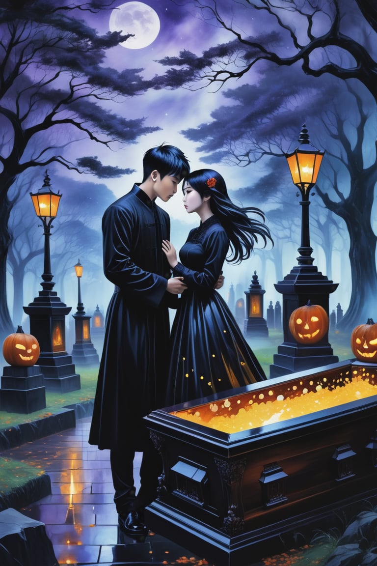 (Fidelity: 1.0), (Masterpiece, Best Quality: 1.5), Create a 32K 3D fantasy alcohol ink art of an aesthetic gothic Taiwanese manga scene. It's a spooky night during Ghost Month: a close-up of a young, adorable Taiwanese couple in a park. Suddenly, thousands of coffins appear without a sign, surrounding the couple in the eerie darkness. The background and atmosphere should echo the emotional intensity and swirling, chaotic elements reminiscent of "The Scream" by Edvard Munch. Ensure exquisite quality and a haunting, yet beautiful, blend of both styles