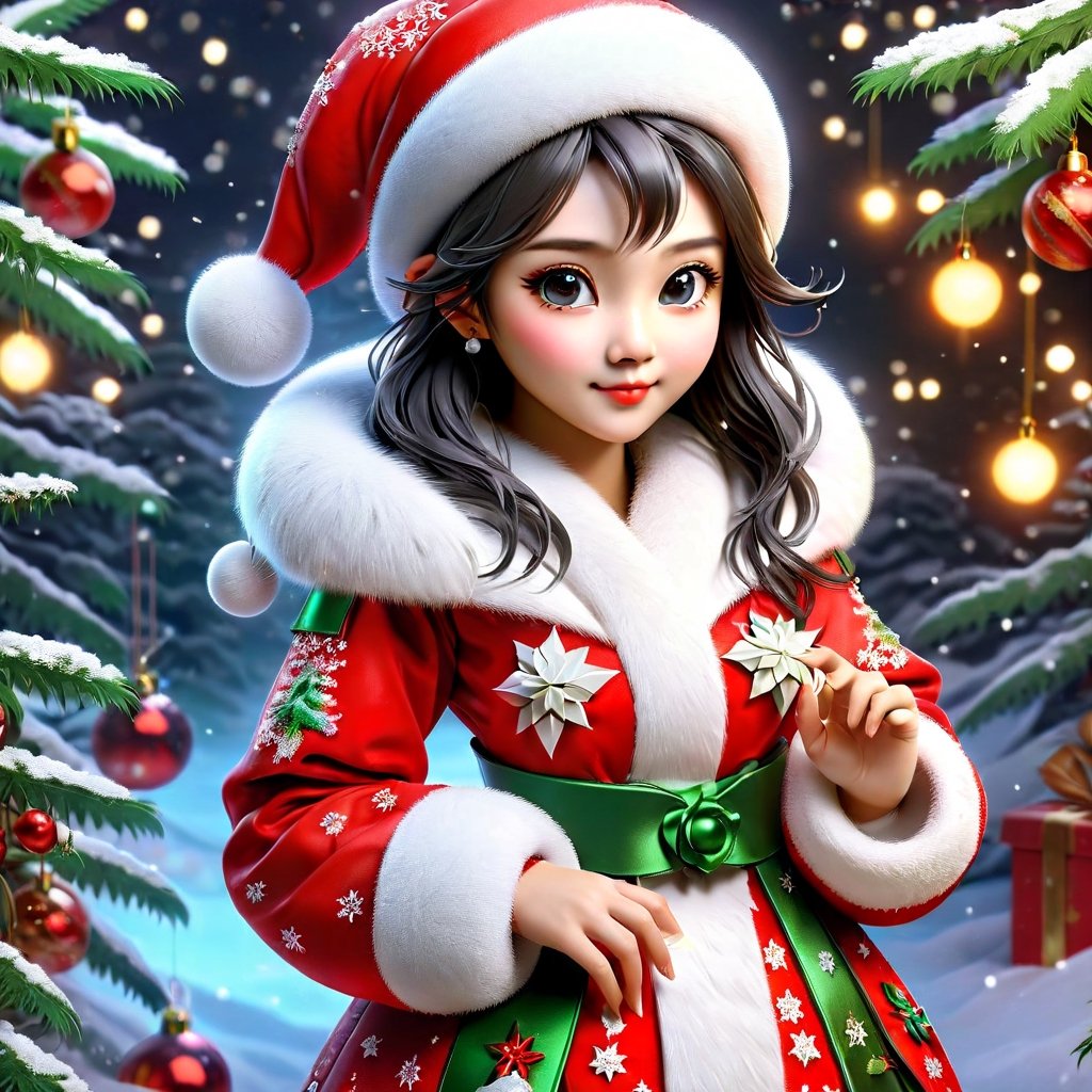 (Masterpiece, Best Quality: 1.5), Intricate paper sculpture, Christmas line art, 16K photo quality, a beautiful Christmas Taiwanese girl, whole body, 16K quality, (detailed beautifully face and fingers), (five fingers) each hand, mysterious, clean background,ral-chrcrts