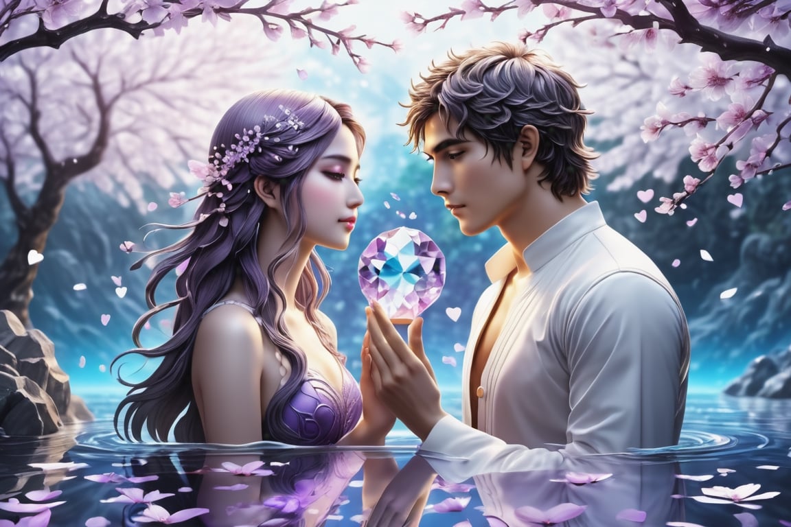 (Masterpiece, Best Quality: 1.5), Intricate Paper Sculpture, Magical Fantasy Sweet Valentine Line Art, Alpacifista. adorable Taiwanes teenage couple, solo, flower, water, black eyes, petals, purple cherry blossoms, reflection, branch, ripples, pale purple filter, intricate detail, very high detail, sharp background, mysticism, (magic), 32K quality, (beautifully detailed face and fingers), (five fingers) on each hand, creative fantasy glow effect,DonM3lv3nM4g1cXL,shards,glass,brocken glass,transparent glass,pieces of glass