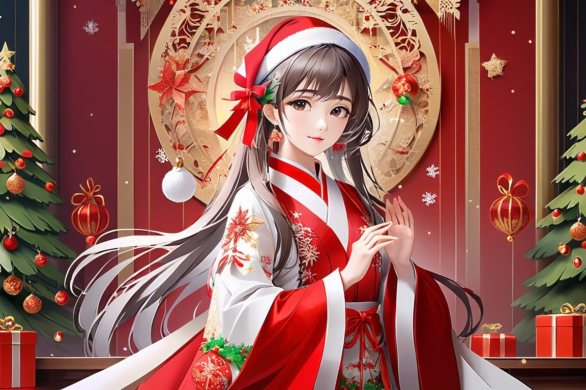 (Masterpiece, Best Quality: 1.5), Intricate paper sculpture, Christmas line art, 16K photo quality, a beautiful Christmas Taiwanese girl, whole body, 16K quality, (detailed beautifully face and fingers), (five fingers) each hand, mysterious, clean background