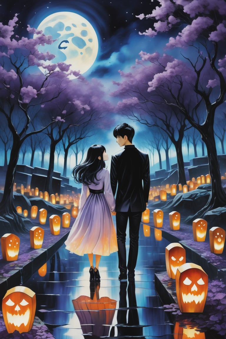 (Fidelity: 1.0), (Masterpiece, Best Quality: 1.5), Create a 32K 3D fantasy alcohol ink art of an aesthetic gothic Taiwanese manga scene. It's a spooky night during Ghost Month: a close-up of a young, adorable Taiwanese couple in a park. Suddenly, thousands of coffins appear without a sign, surrounding the couple in the eerie darkness. The background and atmosphere should echo the emotional intensity and swirling, chaotic elements reminiscent of "The Scream" by Edvard Munch. Ensure exquisite quality and a haunting, yet beautiful, blend of both styles