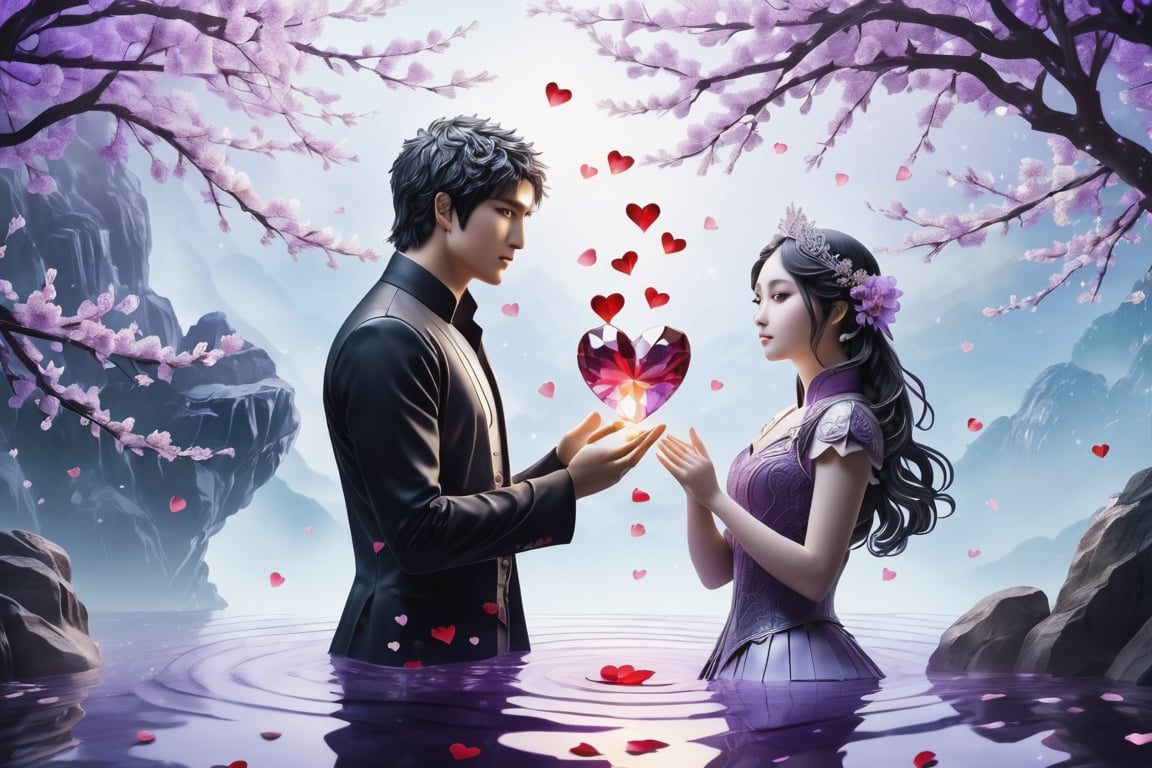 (Masterpiece, Best Quality: 1.5), Intricate Paper Sculpture, Magical Fantasy Sweet Valentine Line Art, Alpacifista. adorable Taiwanes teenage couple, solo, flower, water, black eyes, petals, purple cherry blossoms, reflection, branch, ripples, pale purple filter, intricate detail, very high detail, sharp background, mysticism, (magic), 32K quality, (beautifully detailed face and fingers), (five fingers) on each hand, creative fantasy glow effect,DonM3lv3nM4g1cXL,shards,glass,brocken glass,transparent glass,pieces of glass