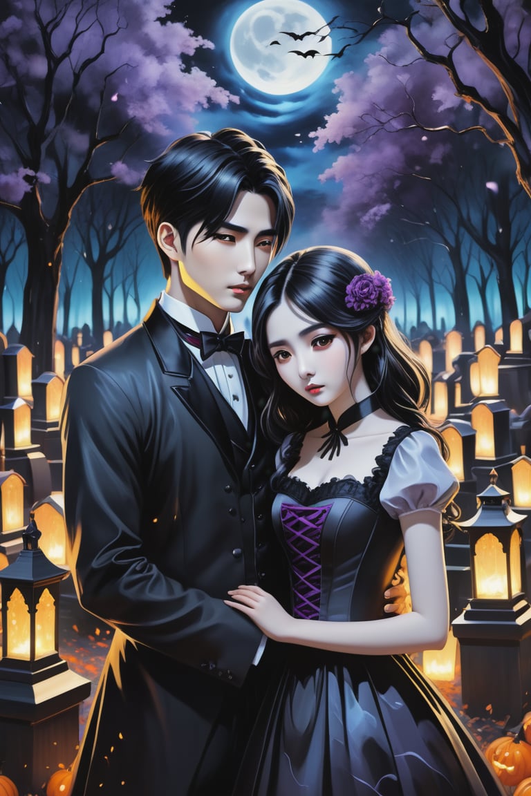 (Fidelity: 1.0), (Masterpiece, Best Quality: 1.5), Create a 32K 3D fantasy alcohol ink art of an aesthetic gothic Taiwanese manga scene. It's a spooky night during Ghost Month: a close-up of a young, adorable Taiwanese couple in a park. Suddenly, thousands of coffins appear without a sign, surrounding the couple in the eerie darkness. The background and atmosphere should echo the emotional intensity and swirling, chaotic elements reminiscent of "The Scream" by Edvard Munch. Ensure exquisite quality and a haunting, yet beautiful, blend of both styles