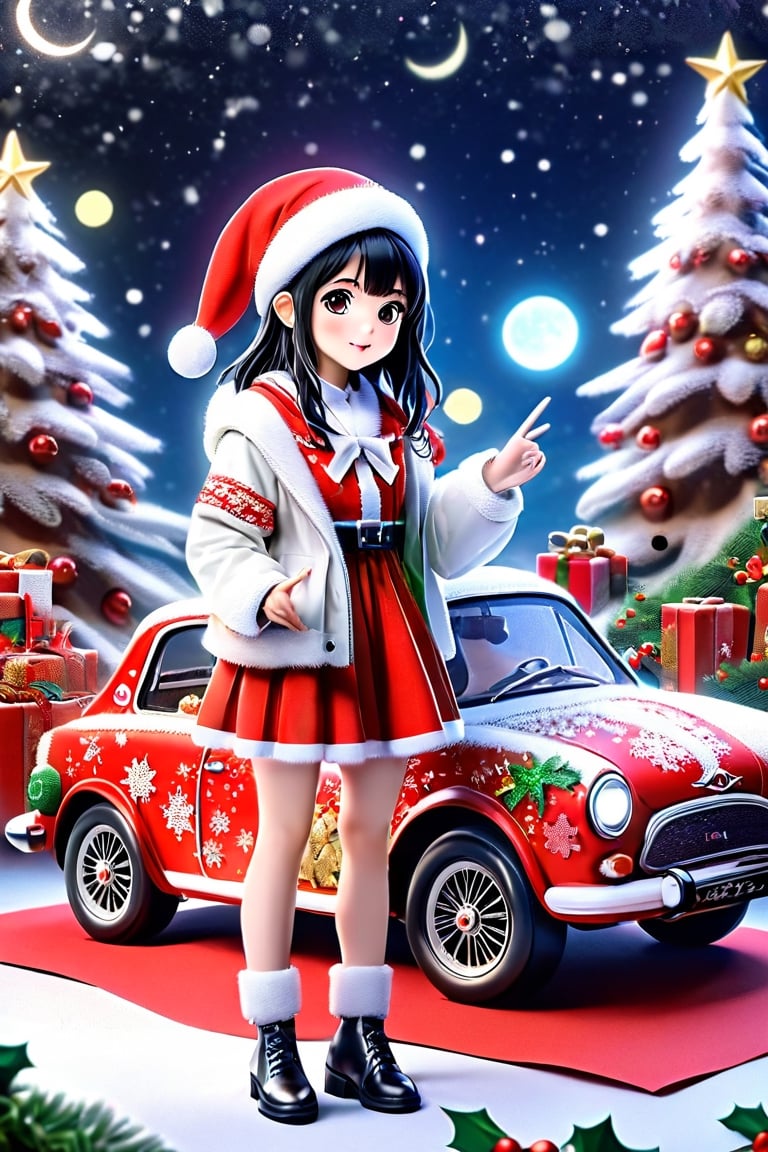 (Masterpiece, Best Quality: 1.5), Intricate paper sculpture, Christmas line art, a beautiful Christmas Taiwanese girl standing next to a future styled Christmas car, magic, 8K quality, (detailed beautifully face and fingers), (five fingers) each hand, mysterious, moonster,moonster,ral-chrcrts