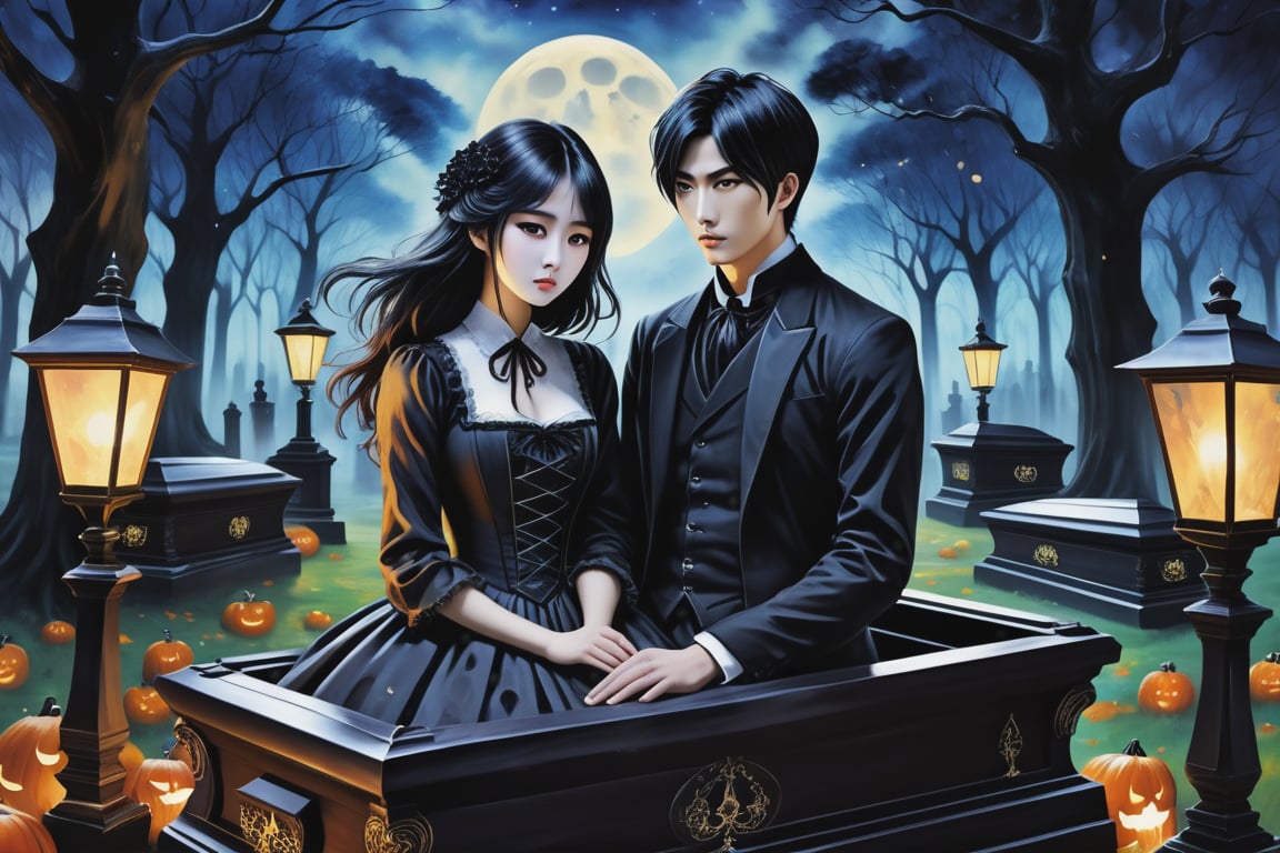 (Fidelity: 1.0), (Masterpiece, Best Quality: 1.5), Create a 32K 3D fantasy alcohol ink art of an aesthetic gothic Taiwanese manga scene. It's a spooky night during Ghost Month: a close-up of a young, adorable Taiwanese couple in a park. Suddenly, thousands of coffins appear without a sign, surrounding the couple in the eerie darkness. The background and atmosphere should echo the emotional intensity and swirling, chaotic elements reminiscent of "The Scream" by Edvard Munch. Ensure exquisite quality and a haunting, yet beautiful, blend of both styles