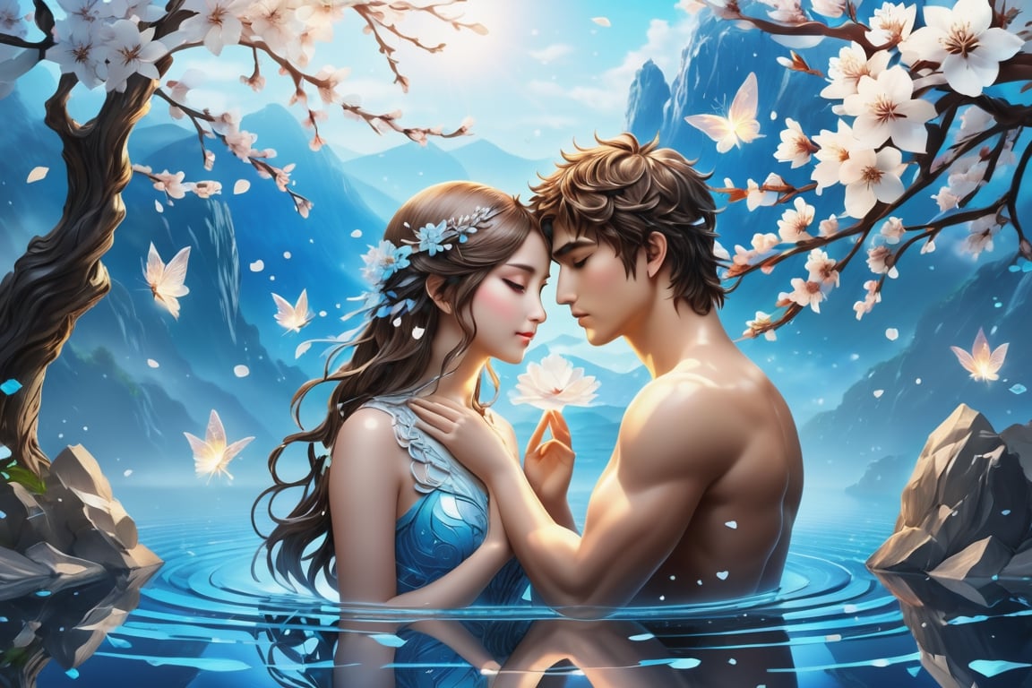 (Masterpiece, Best Quality: 1.5), Intricate Paper Sculpture, Magical Fantasy Sweet Valentine Line Art, Alpacifista. adorable Taiwanes teenage couple, solo, flower, water, brown eyes, petals, blue cherry blossoms, reflection, branch, ripples, pale blue filter, intricate detail, very high detail, sharp background, mysticism, (magic), 32K quality, (beautifully detailed face and fingers), (five fingers) on each hand, creative fantasy glow effect,DonM3lv3nM4g1cXL,shards,glass,brocken glass,transparent glass,pieces of glass