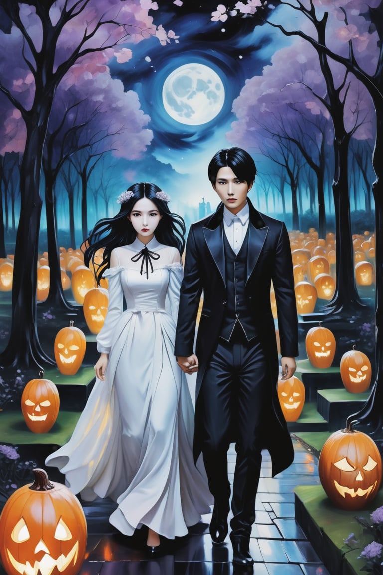 (Fidelity: 1.0), (Masterpiece, Best Quality: 1.5), Create a 32K 3D fantasy alcohol ink art of an aesthetic gothic Taiwanese manga scene. It's a spooky night during Ghost Month: a close-up of a young, adorable Taiwanese couple in a park. Suddenly, thousands of coffins appear without a sign, surrounding the couple in the eerie darkness. The background and atmosphere should echo the emotional intensity and swirling, chaotic elements reminiscent of "The Scream" by Edvard Munch. Ensure exquisite quality and a haunting, yet beautiful, blend of both styles