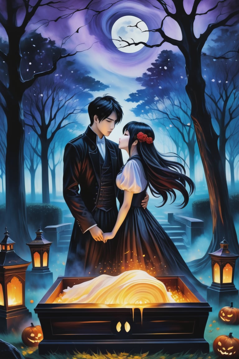 (Fidelity: 1.0), (Masterpiece, Best Quality: 1.5), Create a 32K 3D fantasy alcohol ink art of an aesthetic gothic Taiwanese manga scene. It's a spooky night during Ghost Month: a close-up of a young, adorable Taiwanese couple in a park. Suddenly, thousands of coffins appear without a sign, surrounding the couple in the eerie darkness. The background and atmosphere should echo the emotional intensity and swirling, chaotic elements reminiscent of "The Scream" by Edvard Munch. Ensure exquisite quality and a haunting, yet beautiful, blend of both styles