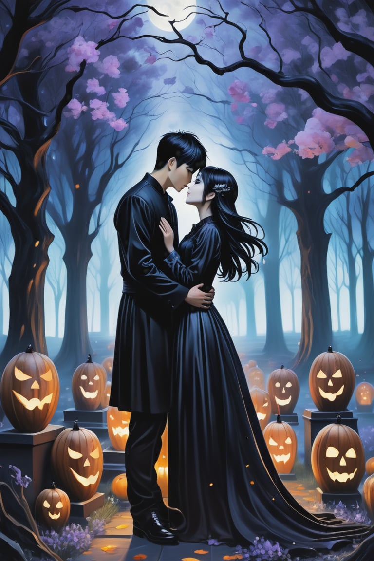 (Fidelity: 1.0), (Masterpiece, Best Quality: 1.5), Create a 32K 3D fantasy alcohol ink art of an aesthetic gothic Taiwanese manga scene. It's a spooky night during Ghost Month: a close-up of a young, adorable Taiwanese couple in a park. Suddenly, thousands of coffins appear without a sign, surrounding the couple in the eerie darkness. The background and atmosphere should echo the emotional intensity and swirling, chaotic elements reminiscent of "The Scream" by Edvard Munch. Ensure exquisite quality and a haunting, yet beautiful, blend of both styles