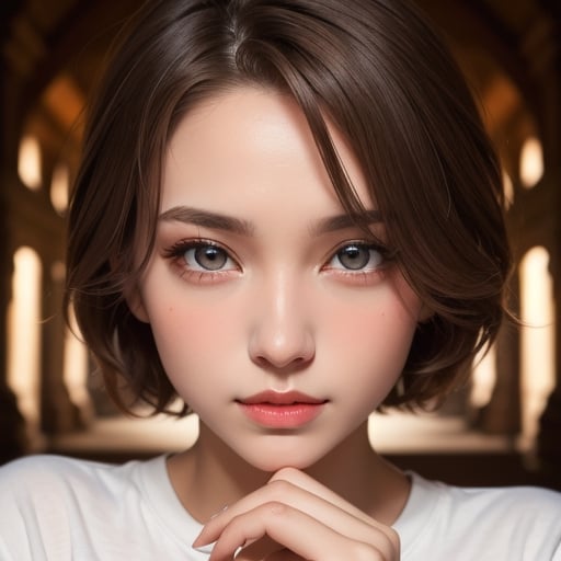 masterpiece, high_quality, 16k, 1080P, intricate_quality, 1girl, light brown hair, short_hair, beautiful_eyes, beautiful_girl, beautiful_face, gorgeous, ringed_eyes, ancient city, t_shirt, black_eyes