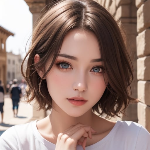 masterpiece, high_quality, 16k, 1080P, intricate_quality, 1girl, light brown hair, short_hair, beautiful_eyes, beautiful_girl, beautiful_face, gorgeous, ringed_eyes, ancient city, t_shirt, black_eyes