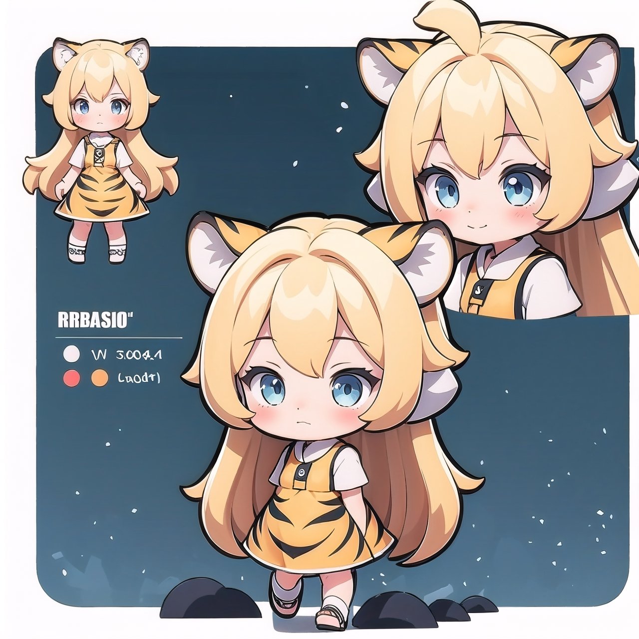 (masterpiece), 1girl, chibi, character sheet, blonde hair, blue eyes, long hair, tiger orange ears,chibi, dress