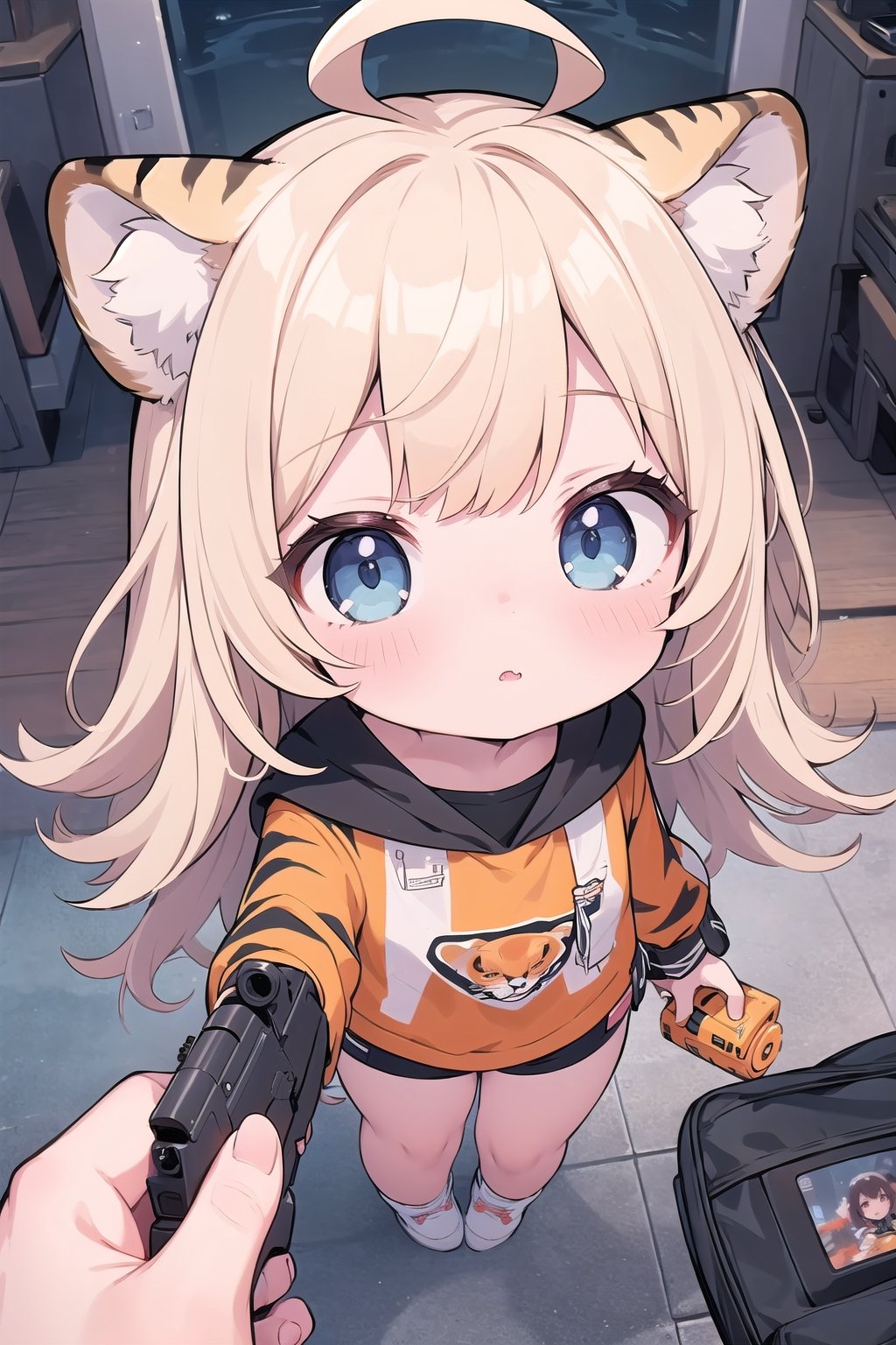 godoacrime, from above, chibi, pov, holding gun, handgun, 1girl, fisheye, dynamic pose, beige hair, blue eyes, long hair, tiger orange ears