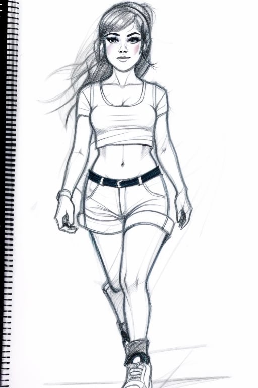 pencile sketch of walking hot solo girl 