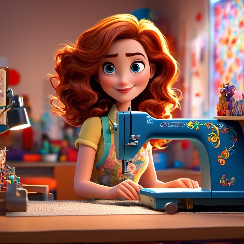 Pixar style movie poster, in 3d pixar disney style, sexy woman medium wavy hair with brown eyes sitting in front of an embroidery machine and a computer
