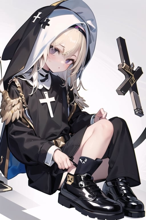 Little angel with big white and gold wings, golden blonde hair and big purple eyes. Black jacket with white cross motifs, traditionally worn by Catholic nuns attached to a cross. He also wears a white hood with a metal headband. Black shirt with white hem that covers the neck. Cross motifs are also seen on the shirt. He appears to have the androgynous symbol without a couple of details on his hat. She also wears shoes that complement the colors of her outfit.