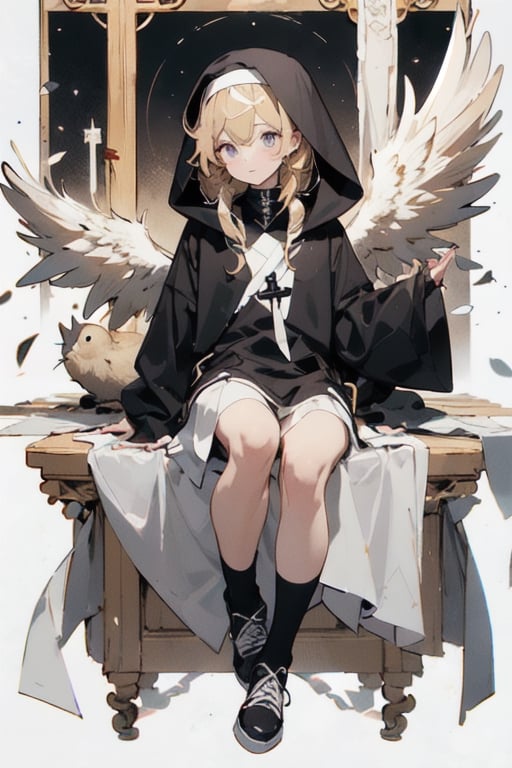 Little angel with 16 white wings, golden blonde hair with white tips, big bright violet eyes. Black jacket with white cross motifs, traditionally worn by Catholic nuns attached to a cross. He also wears a white hood with a metal headband. Black shirt with white hem that covers the neck. Cross motifs are also seen on the shirt. He appears to have the androgynous symbol without a couple of details on his hat. She also wears shoes that complement the colors of her outfit.ñ