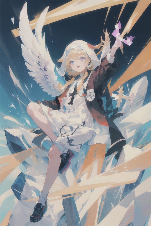 Little angel with 16 white wings, golden blonde hair with white tips, big bright violet eyes. Black jacket with white cross motifs, traditionally worn by Catholic nuns attached to a cross. He also wears a white hood with a metal headband. Black shirt with white hem that covers the neck. Cross motifs are also seen on the shirt. He appears to have the androgynous symbol without a couple of details on his hat. She also wears shoes that complement the colors of her outfit.ñ