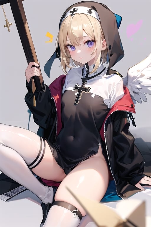 Little angel with big white wings with gold details, golden blonde hair and big purple eyes. Black jacket with white cross motifs, traditionally worn by Catholic nuns attached to a cross. He also wears a white hood with a metal headband. Black shirt with white hem that covers the neck. Cross motifs are also seen on the shirt. He appears to have the androgynous symbol without a couple of details on his hat. She also wears shoes that complement the colors of her outfit.