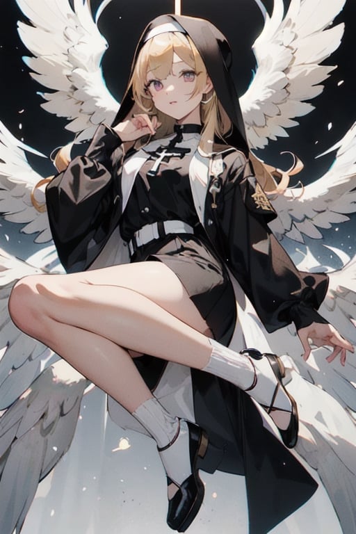 Little angel with 16 white wings, golden blonde hair with white tips, big bright violet eyes. Black jacket with white cross motifs, traditionally worn by Catholic nuns attached to a cross. He also wears a white hood with a metal headband. Black shirt with white hem that covers the neck. Cross motifs are also seen on the shirt. He appears to have the androgynous symbol without a couple of details on his hat. She also wears shoes that complement the colors of her outfit.ñ