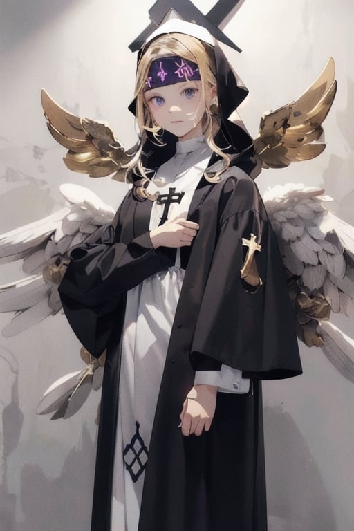 little angel with golden blonde hair and big purple eyes. jacket similar to a nun's habit. She also wears a blue hood with a metal headband. Black shirt with white hem covering the neck, traditionally worn by Catholic nuns tied with a bow. The patterns of a cross are also visible on the shirt. He appears to have the androgynous symbol without a couple of details on his hat. He also wears shoes that complement the colors of his outfit.