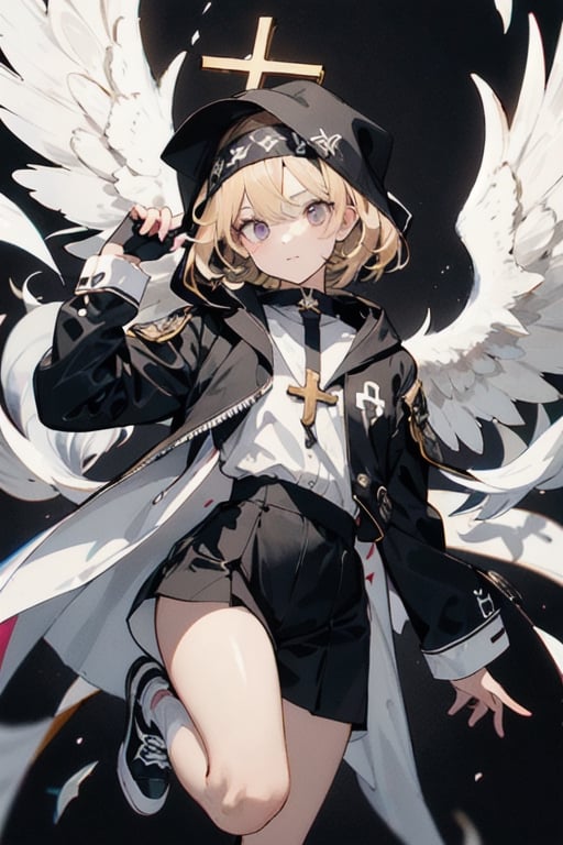 Little angel with 16 white wings, golden blonde hair with white tips, big bright violet eyes. Black jacket with white cross motifs, traditionally worn by Catholic nuns attached to a cross. He also wears a white hood with a metal headband. Black shirt with white hem that covers the neck. Cross motifs are also seen on the shirt. He appears to have the androgynous symbol without a couple of details on his hat. She also wears shoes that complement the colors of her outfit.ñ