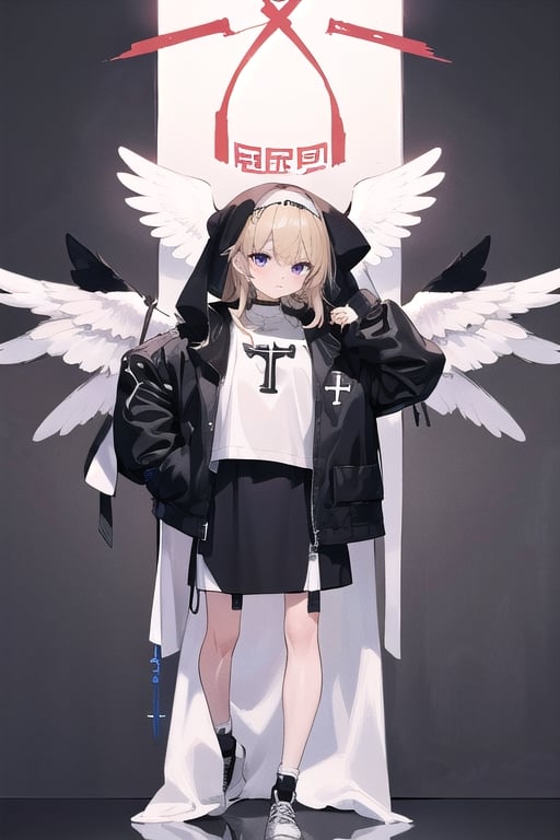 Little angel with 4 meter long white wings, golden blonde hair with white tips, and big bright purple eyes. Black jacket with white cross motifs, traditionally worn by Catholic nuns attached to a cross. He also wears a white hood with a metal headband. Black shirt with white hem that covers the neck. Cross motifs are also seen on the shirt. He appears to have the androgynous symbol without a couple of details on his hat. She also wears shoes that complement the colors of her outfit.ñ