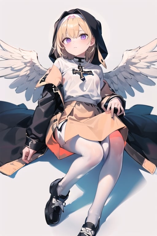 Little angel with white and gold wings measuring 4 meters, golden blonde hair and big purple eyes. Black jacket with white cross motifs, traditionally worn by Catholic nuns attached to a cross. He also wears a white hood with a metal headband. Black shirt with white hem that covers the neck. Cross motifs are also seen on the shirt. He appears to have the androgynous symbol without a couple of details on his hat. She also wears shoes that complement the colors of her outfit.ñ