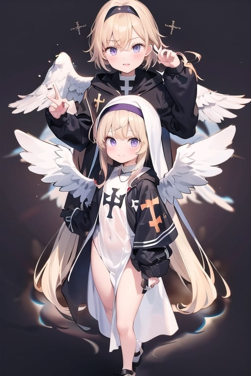 Little angel with 4 meter long white wings, golden blonde hair with white tips, and big bright purple eyes. Black jacket with white cross motifs, traditionally worn by Catholic nuns attached to a cross. He also wears a white hood with a metal headband. Black shirt with white hem that covers the neck. Cross motifs are also seen on the shirt. He appears to have the androgynous symbol without a couple of details on his hat. She also wears shoes that complement the colors of her outfit.ñ