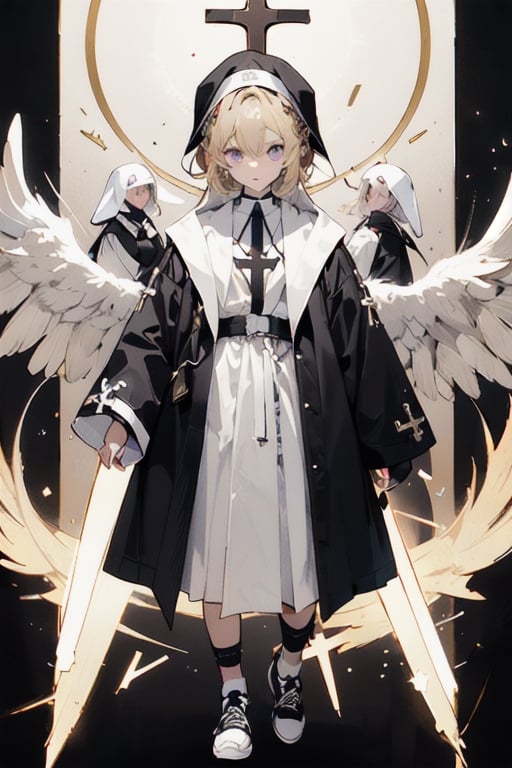 Little angel with 16 white wings, golden blonde hair with white tips, big bright violet eyes. Black jacket with white cross motifs, traditionally worn by Catholic nuns attached to a cross. He also wears a white hood with a metal headband. Black shirt with white hem that covers the neck. Cross motifs are also seen on the shirt. He appears to have the androgynous symbol without a couple of details on his hat. She also wears shoes that complement the colors of her outfit.ñ