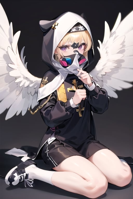 Little angel with 16 white wings, golden blonde hair with white tips and big bright violet eyes. Black jacket with white cross motifs, traditionally worn by Catholic nuns attached to a cross. He also wears a white hood with a metal headband. Black shirt with white hem that covers the neck. Cross motifs are also seen on the shirt. He appears to have the androgynous symbol without a couple of details on his hat. She also wears shoes that complement the colors of her outfit.ñ